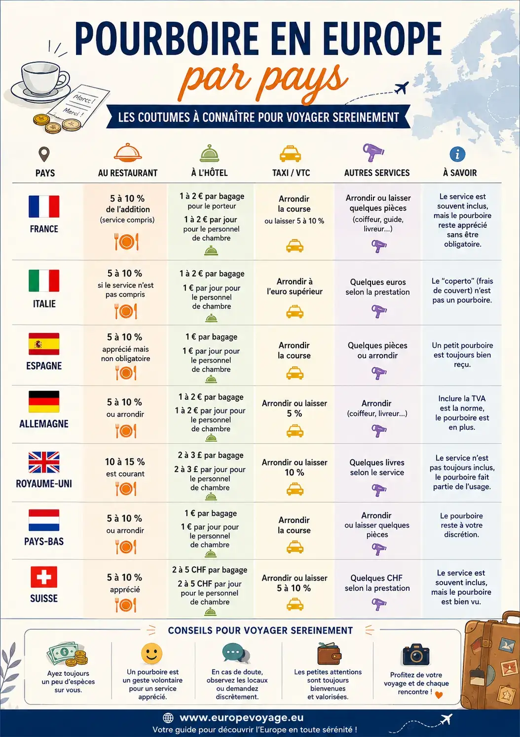 Pourboire en Europe par pays - infographie